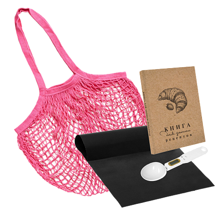 Подарочный набор "Кулинарное вдохновение": тефлоновый коврик, мерная ложка, книга рецептов, авоська