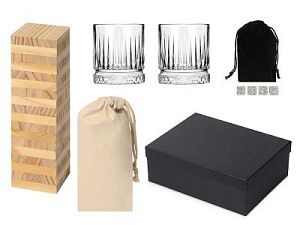 Подарочный набор с бокалами, камнями для виски и дженгой, цвет: черный