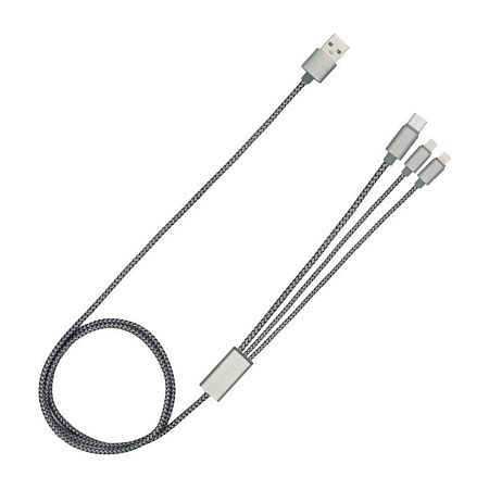 Кабель зарядный выдвижной USB OmniCore 60W 3-в-1 на Lightning, Micro-USB, Type-C «U50» 2,4 A, Quick Charge в пластиковом футляре, серый