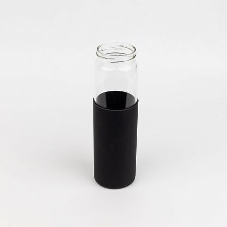 Бутылка стеклянная с силиконовой манжетой и бамбуковой крышкой  Glass, черная