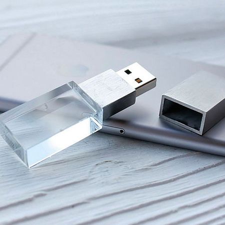 Флеш накопитель USB 2.0 Кристалл, металл/стекло, прозрачный/серебристый, подсветка красным, 16 GB